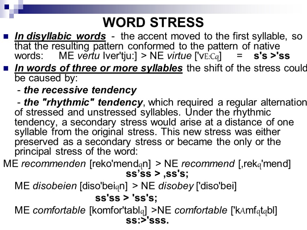 WORD STRESS In disyllabic words - the accent moved to the first syllable, so